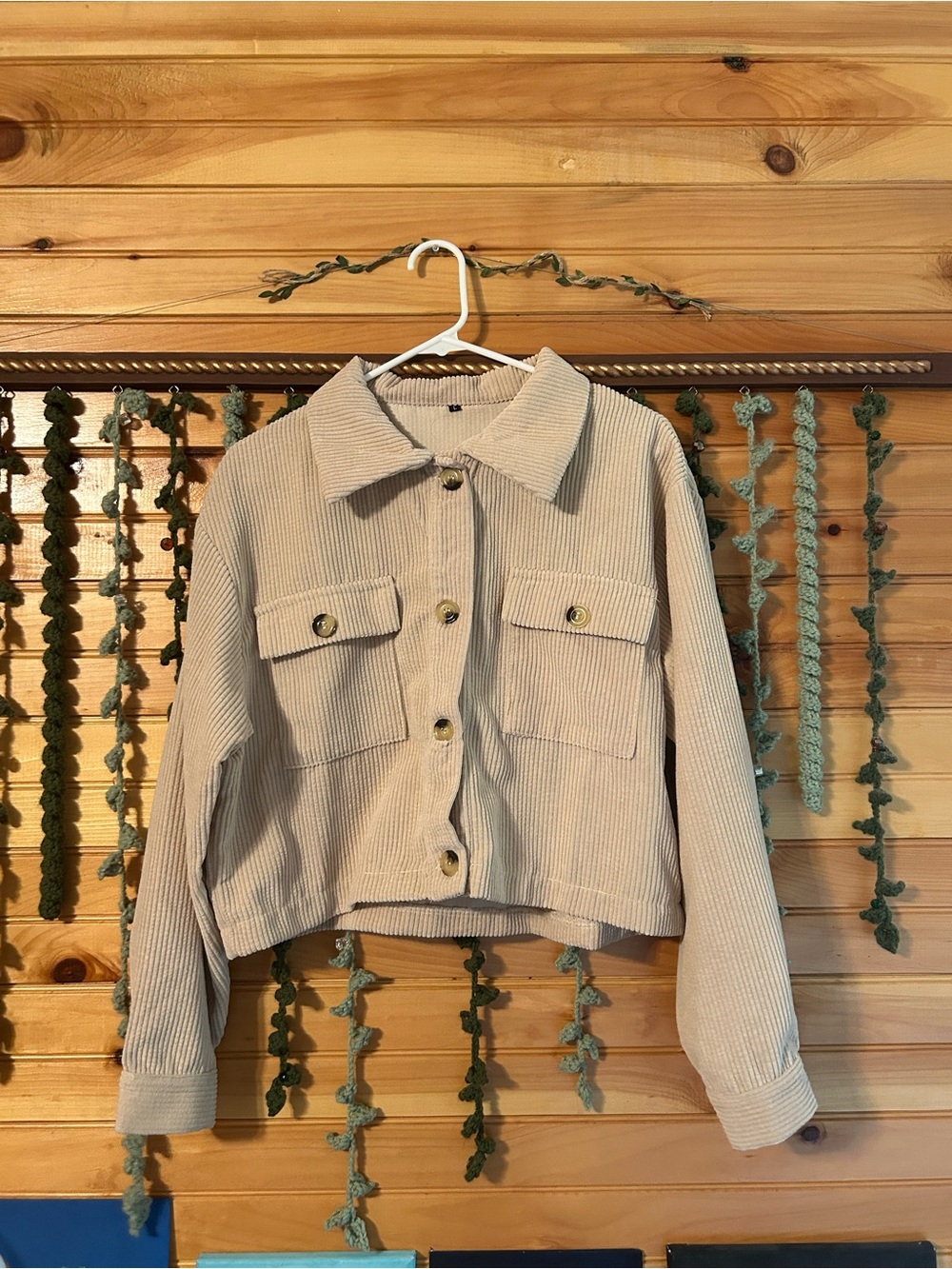 Cropped Beige Faux Corduroy Jacket